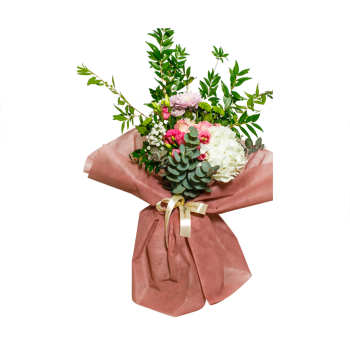 Μπουκέτο με Φούξια Τριαντάφυλλα, Ορτανσία και Πλούσιες Πρασινάδες